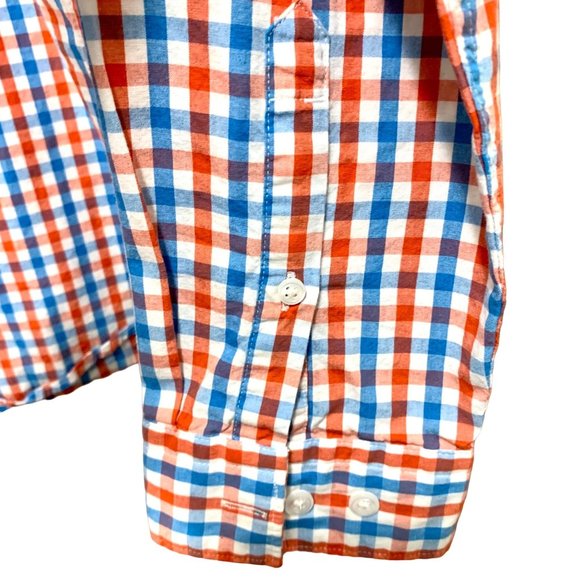Express Fitted Shirt Medium Red Blue Plaid Long Sleeve Button Up Cotton - Picture 4 of 10